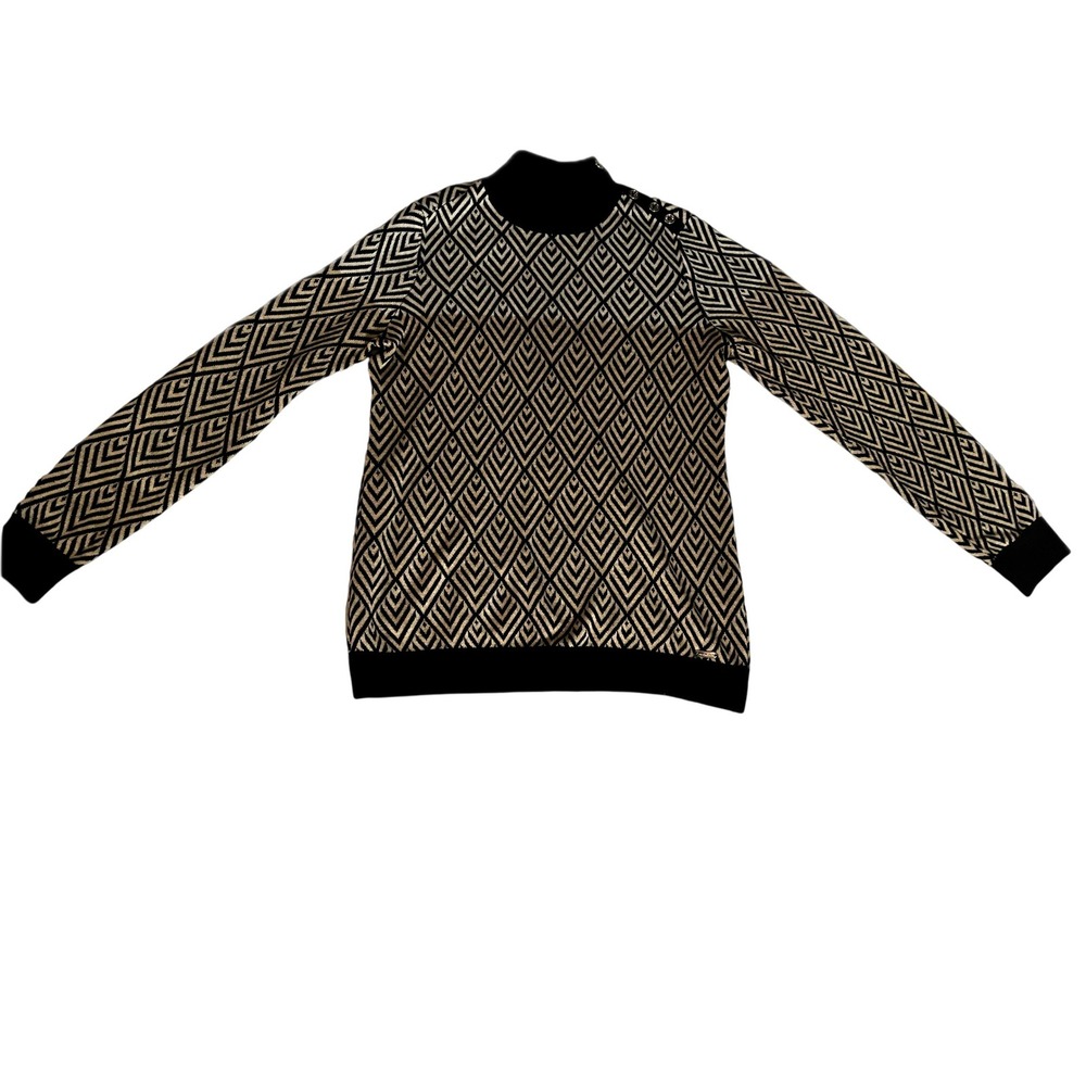 Calvin Klein Sweater Womens Small Gold Black Geometric Button Mock Neck
